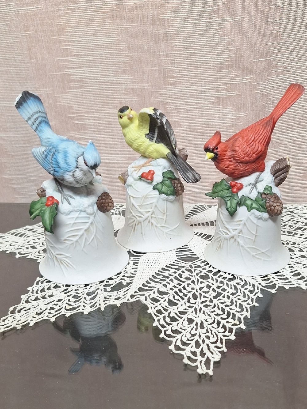 Ceramic Bird Bell Set - Blue, Yellow, Red Decorative Perches